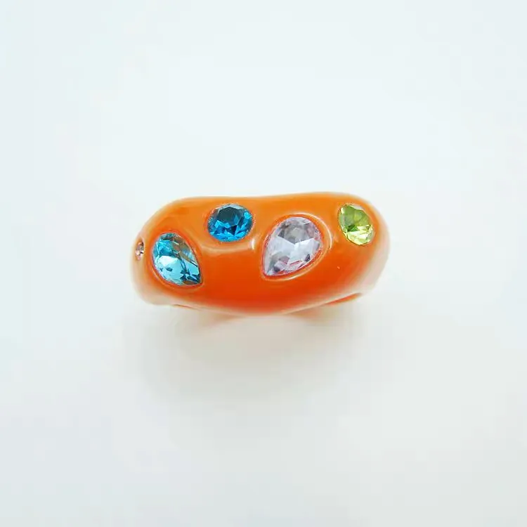 Bright Orange Chunky Resin Ring with Multicolor Rhinestones Statement Cocktail Ring wholesale resin jewelry