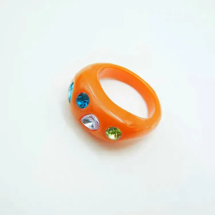 Bright Orange Chunky Resin Ring with Multicolor Rhinestones Statement Cocktail Ring wholesale resin jewelry
