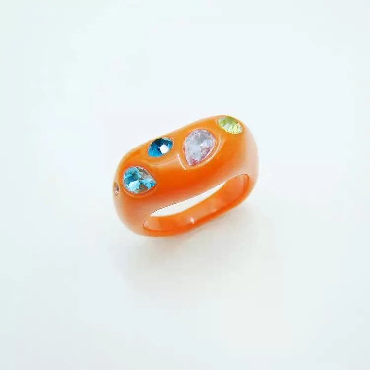 Bright Orange Chunky Resin Ring with Multicolor Rhinestones Statement Cocktail Ring wholesale resin jewelry