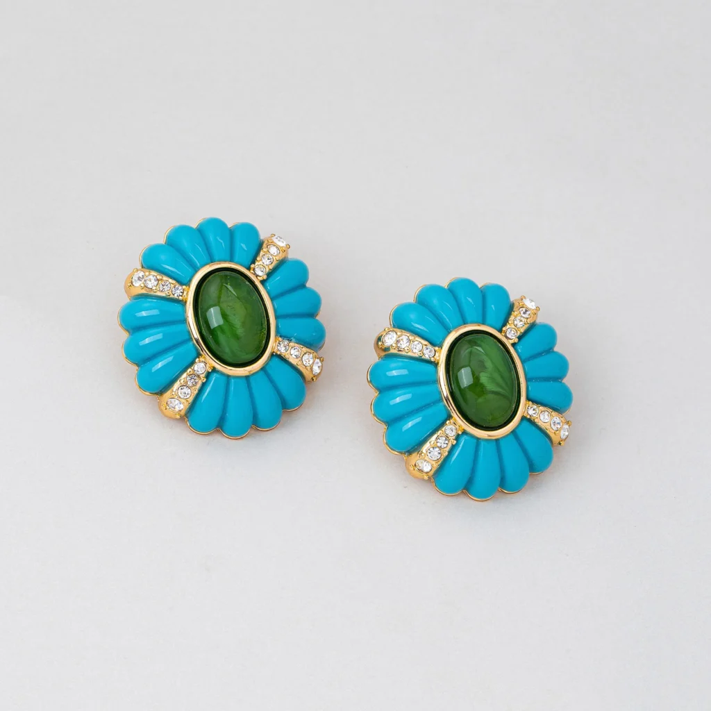 Turquoise Resin & Metal Floral Statement Earrings wholesale resin jewelry