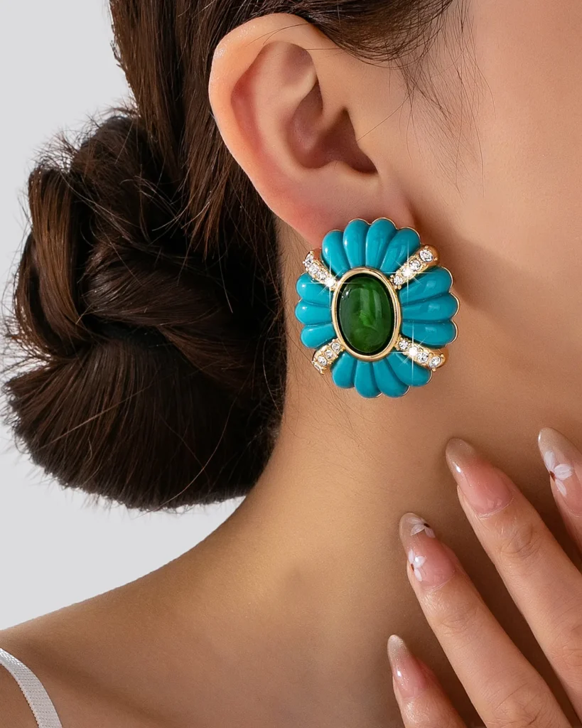 Turquoise Resin & Metal Floral Statement Earrings wholesale resin jewelry