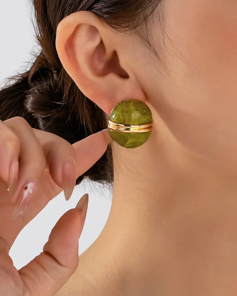 Marbled Olive Green Resin Sphere Gold Metal Stud Earrings wholesale resin jewelry