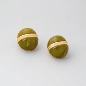 Marbled Olive Green Resin Sphere Gold Metal Stud Earrings