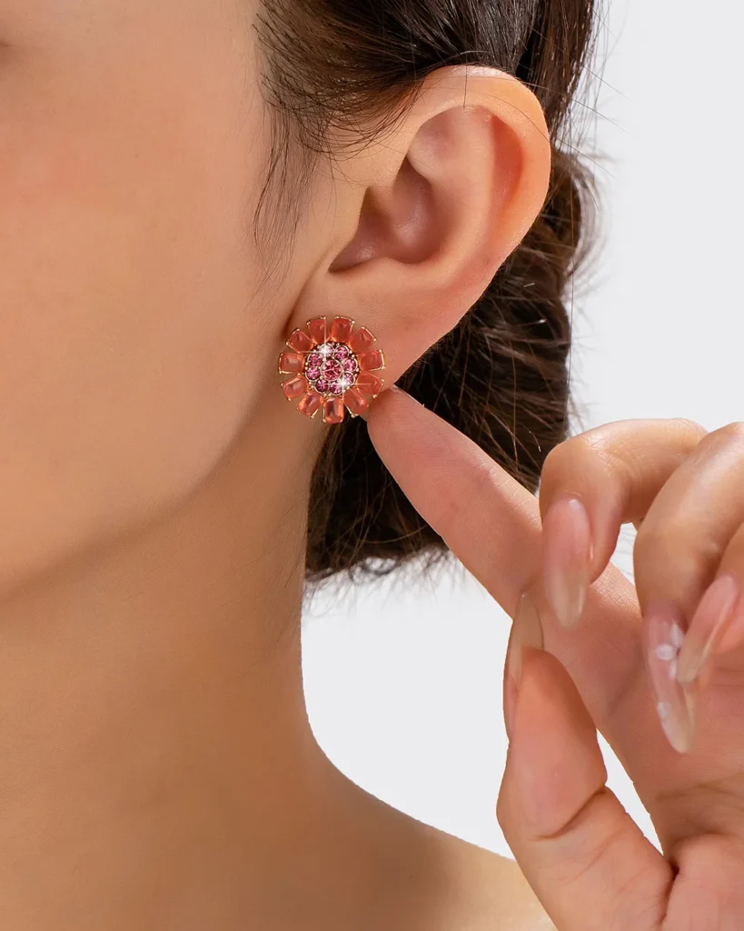 Gradient Pink Orange Resin Flower Gold Metal Stud Earrings wholesale resin jewelry