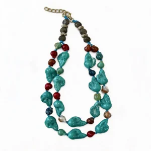 Double Strand Turquoise Multicolor Irregular Stone Beaded Necklace