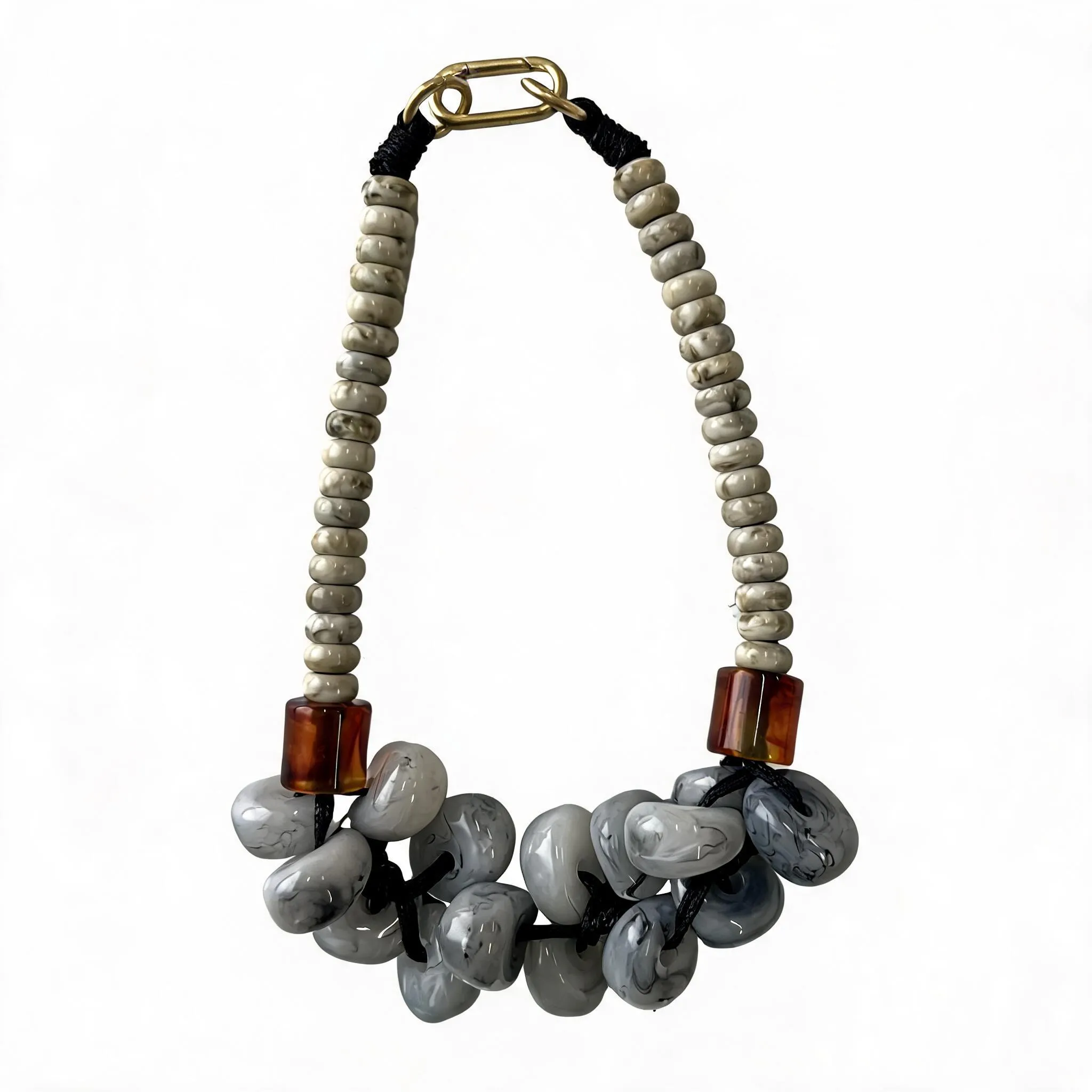 Marbled Grey Cluster Resin Bead Choker Necklace, Two-Tier Stacked Beaded Collar with Amber Accent & Gold Toggle Clasp, Wholesale Neutral Tone Statement Jewelry for Women wholesale resin jewelry