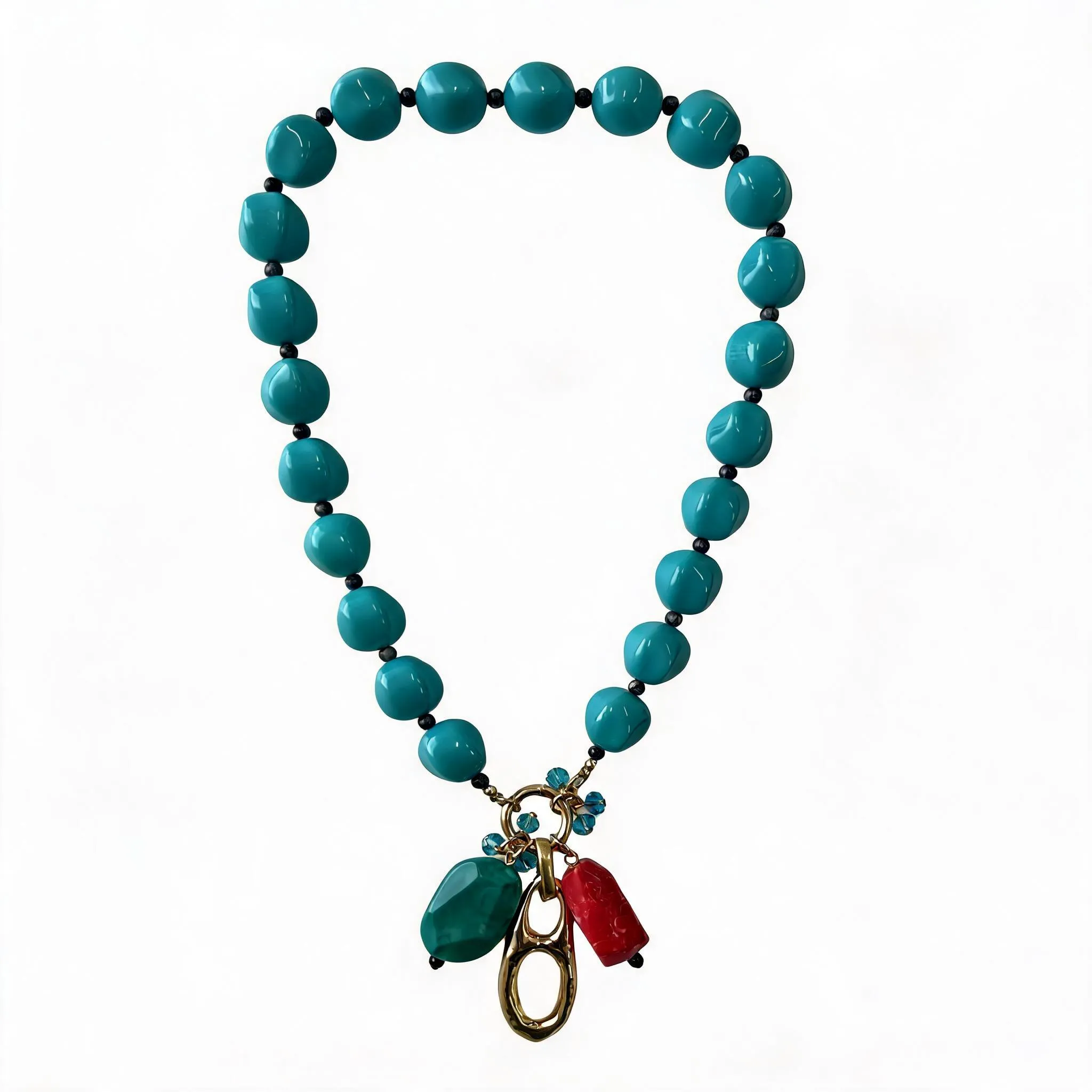Double Strand Turquoise Resin Beaded Statement Necklace, Boho Two-Tone Red Green Pendant Toggle Clasp Necklace, Custom Wholesale Women Bohemian Jewelry wholesale resin jewelry