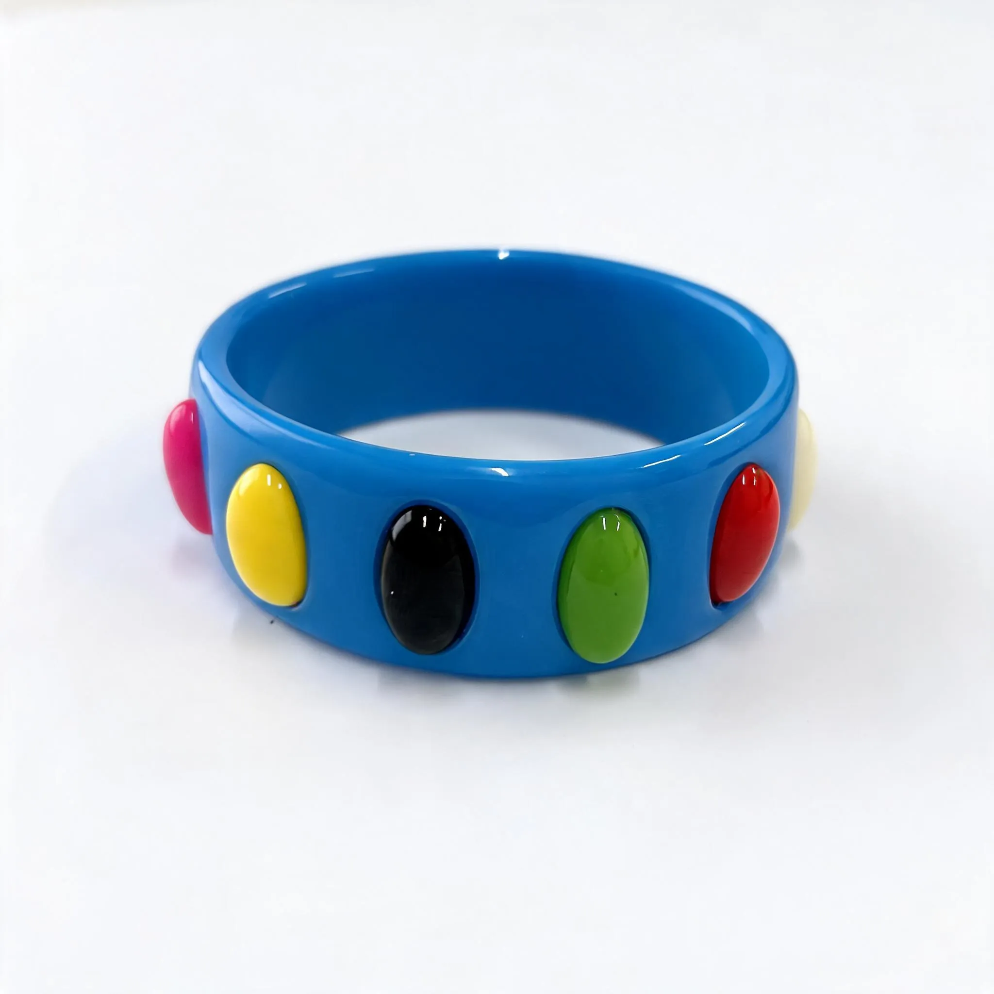 Chunky Blue Resin Bangle with Multicolor Oval Inlays wholesale resin jewelry