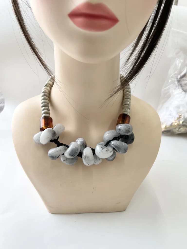Marbled Grey Cluster Resin Bead Choker Necklace, Two-Tier Stacked Beaded Collar with Amber Accent & Gold Toggle Clasp, Wholesale Neutral Tone Statement Jewelry for Women wholesale resin jewelry