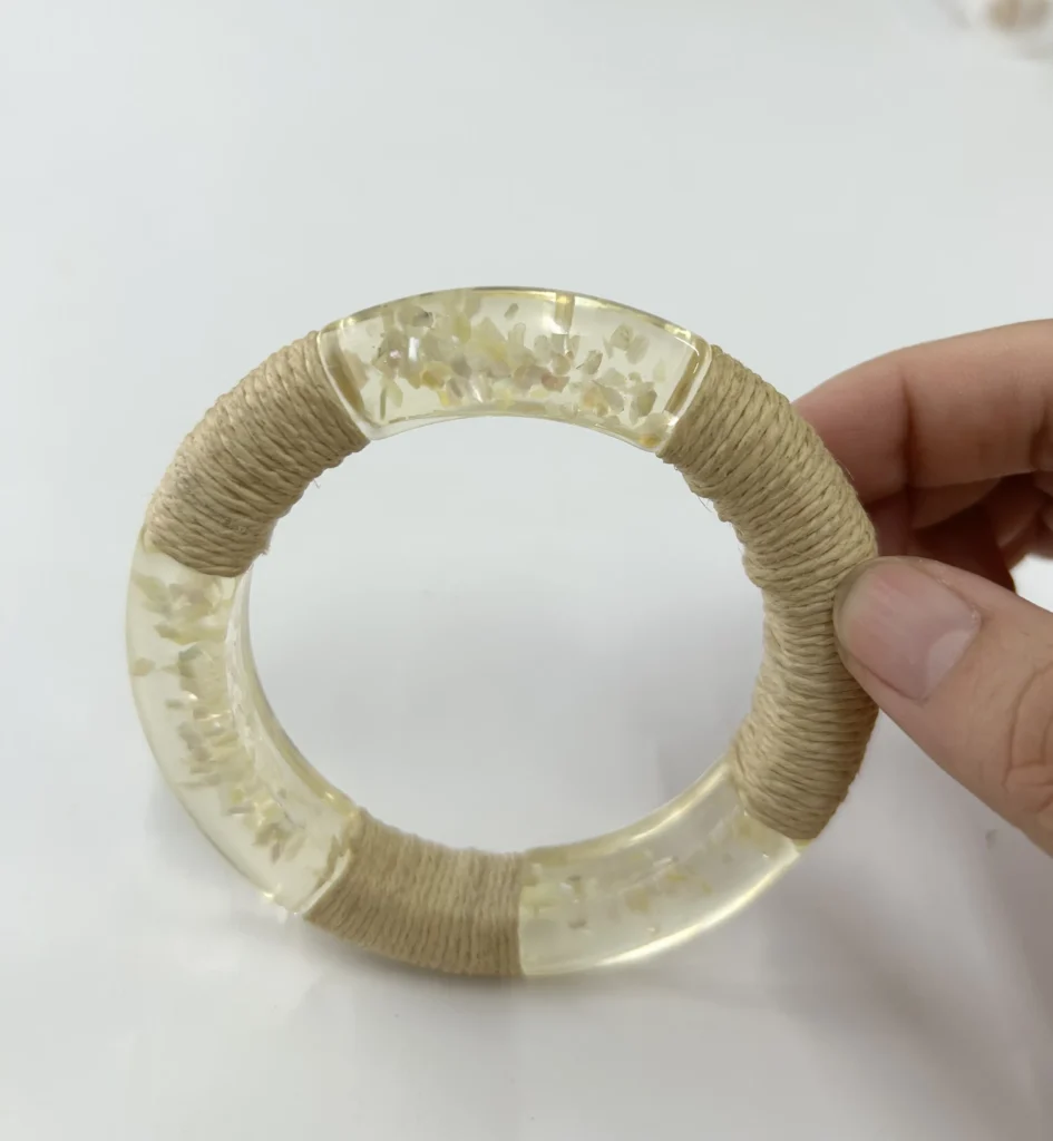 Chunky Translucent Resin Bangle With Crushed‑Shell Inclusions & Natural Jute Rope Wrap wholesale resin jewelry