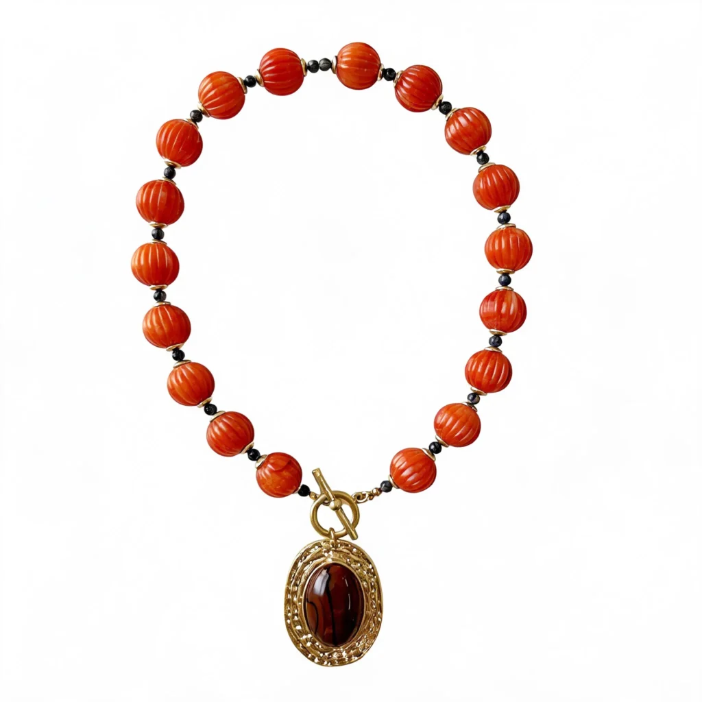Vintage Red Beaded Resin Necklace with Oval Pendant | Custom Resin Jewelry Manufacturer E14A6856-17-1 wholesale resin jewelry product