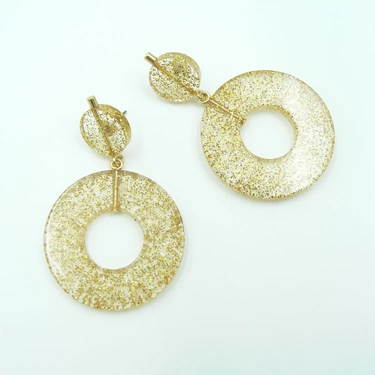 Gold glitter transparent hollow circle resin drop earrings, wholesale resin fashion jewelry