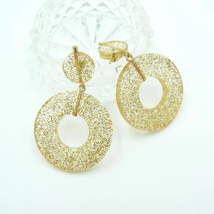 Wholesale Gold Glitter Transparent Hollow Circle Resin Dangle Earrings, Fashion Resin Statement Jewelry for Women wholesale resin jewelry