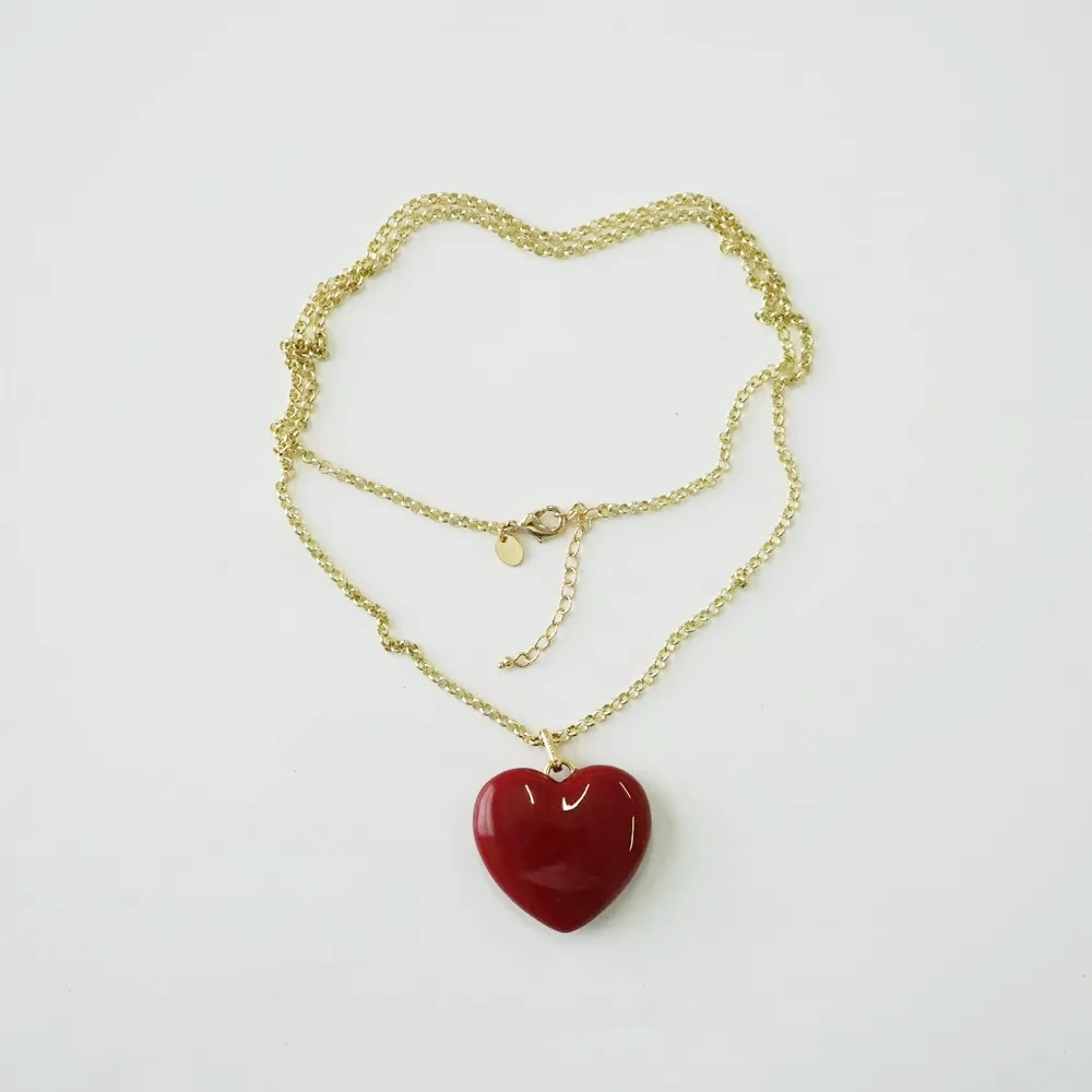 Glossy Red Heart Resin Pendant Necklace, Dainty Gold Chain Handmade Resin Jewelry wholesale resin jewelry