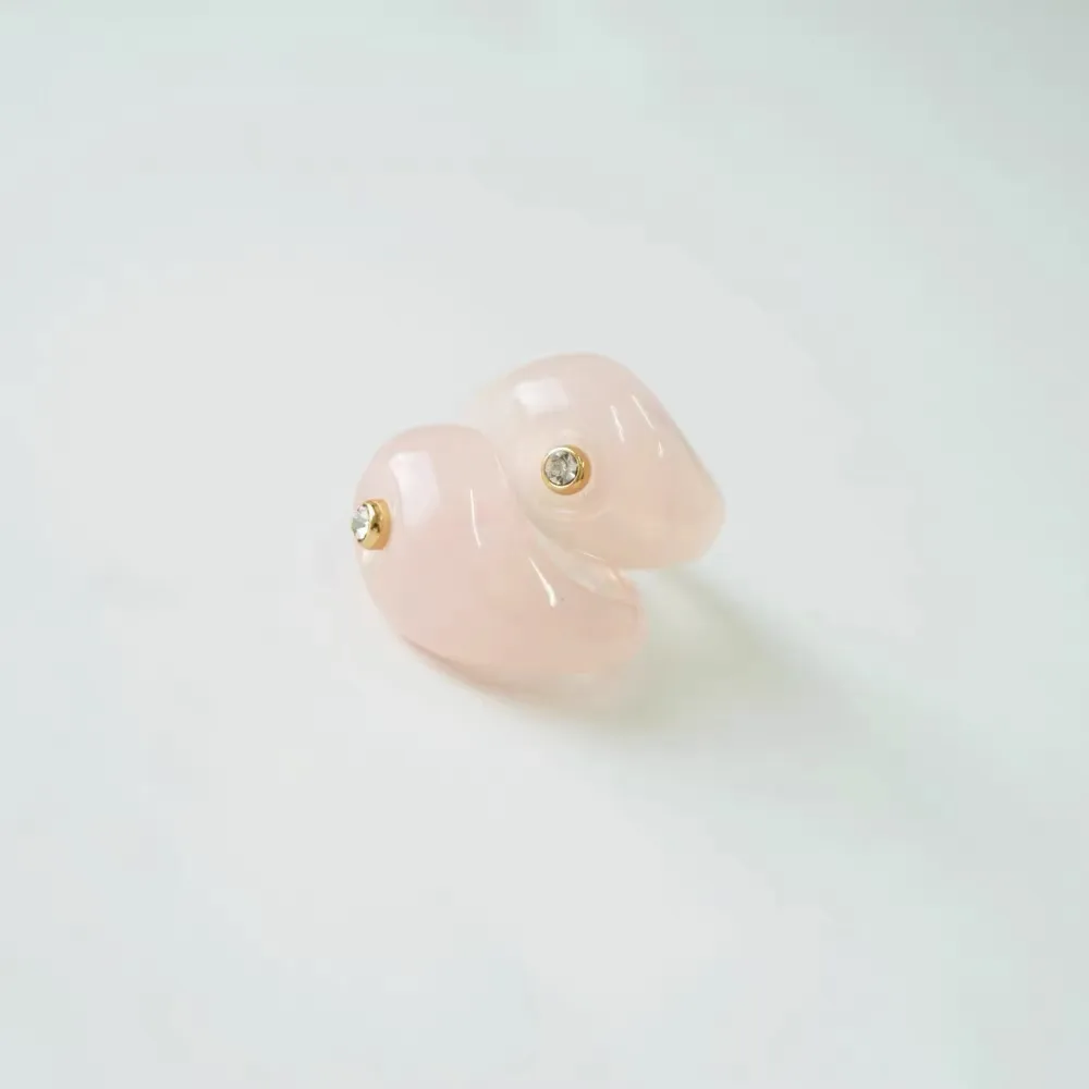 Glossy translucent milky pink curved resin stud earrings, decorated with tiny CZ stone, sweet dainty fashion earrings for women